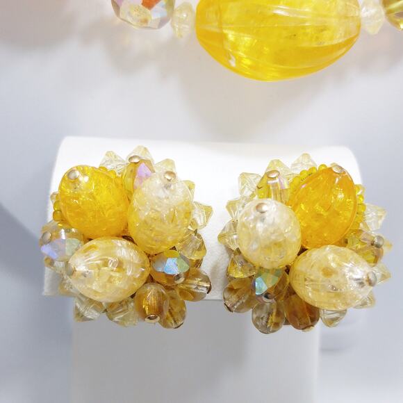 Vintage  Yellow Orange Lucite Beaded Necklace & Earrings, AB Crystals, 1960s - Picture 3 of 10
